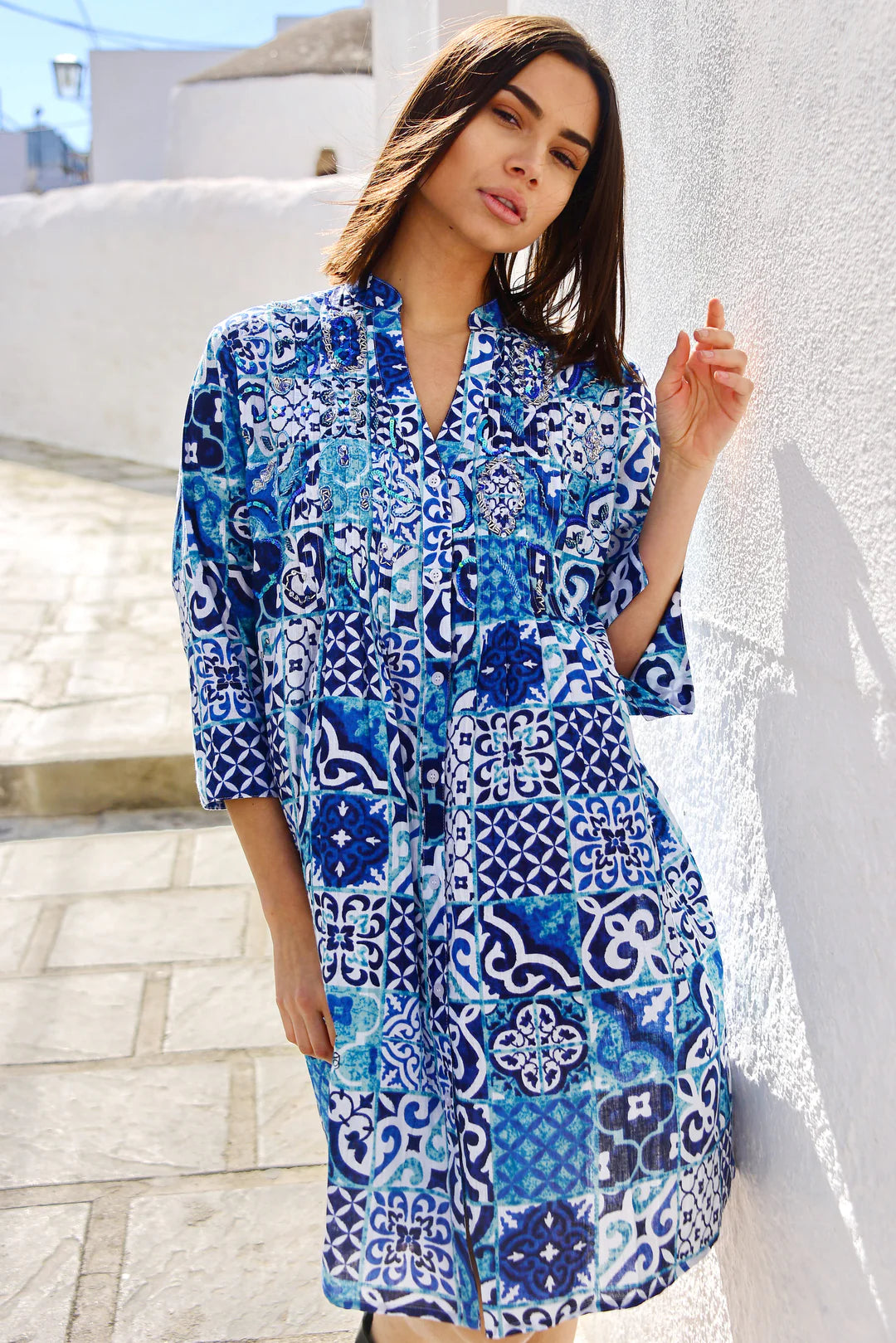 Blue mosaic shirt dress