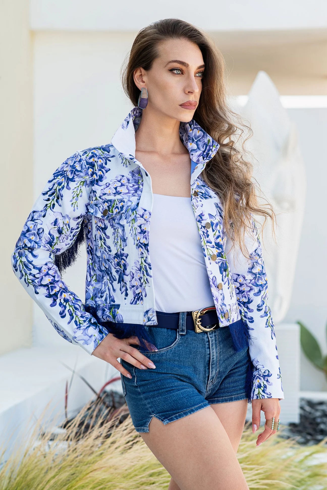 Denim blue jacket Wisteria  print