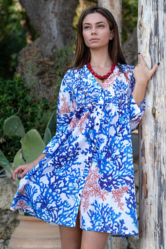 Blue Red Coral Shirt dress