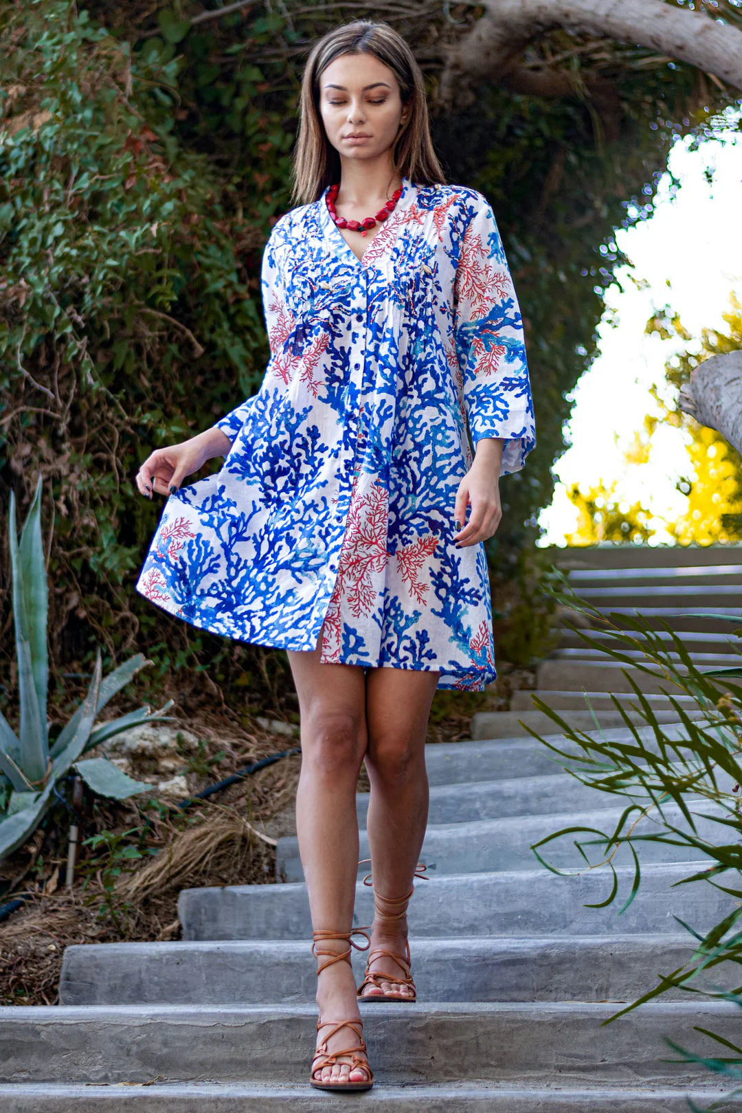 Blue Red Coral Shirt dress